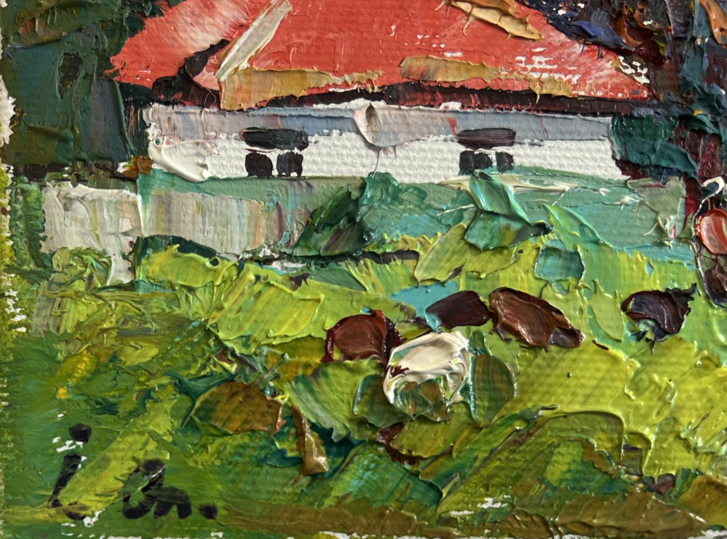 Textured oil painting of rustic house by Oleksiy Ivanyuk, autumn yellow sunset