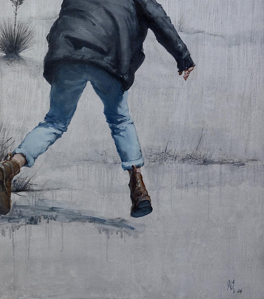 Oil painting Escape from Reality by Oleg Kateryniuk: person mid-stride in gray jacket