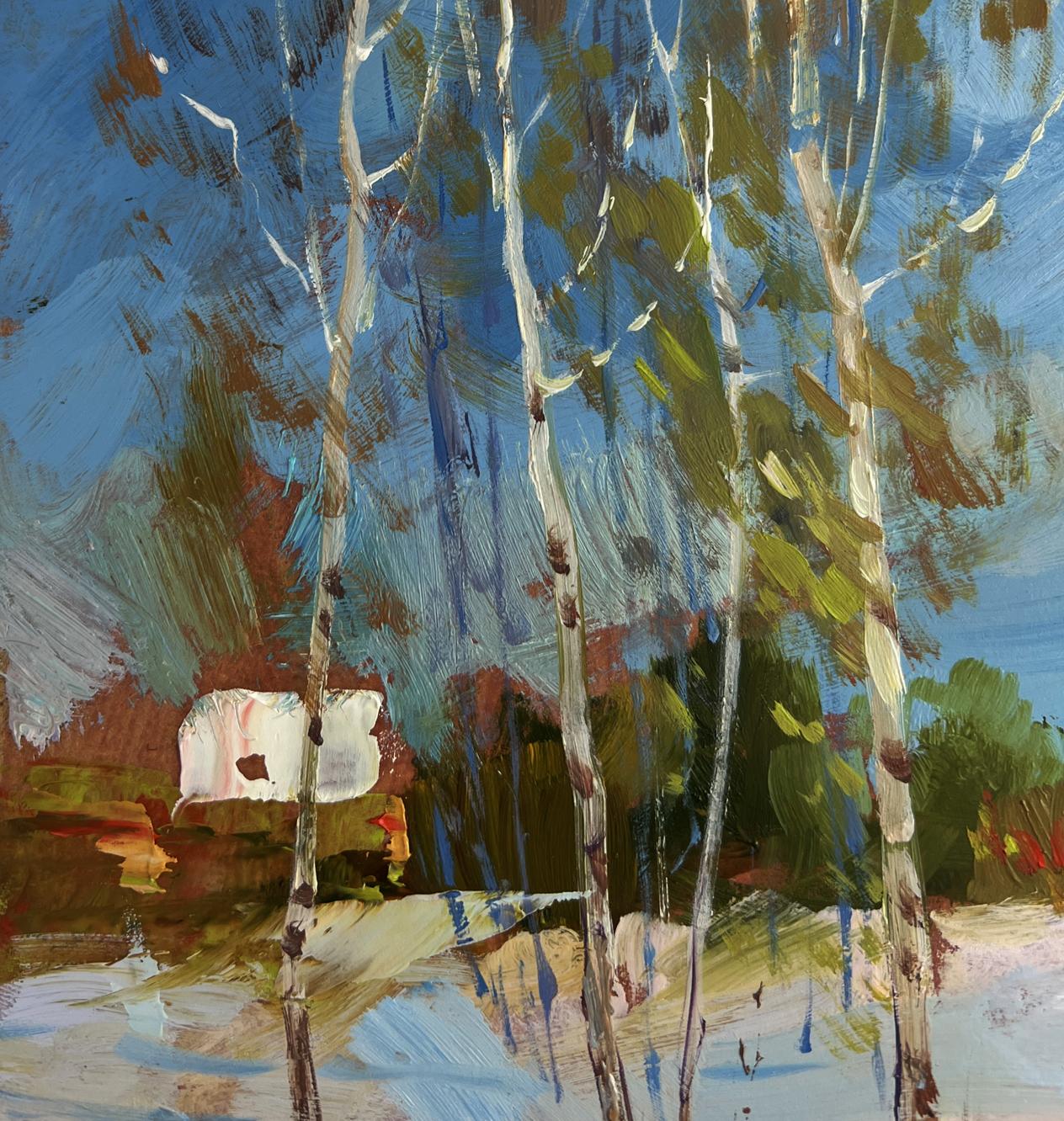Oil painting Winter path leading home by Yuriy Suprunchuk with birch trees