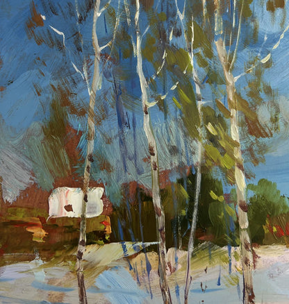 Oil painting Winter path leading home by Yuriy Suprunchuk with birch trees