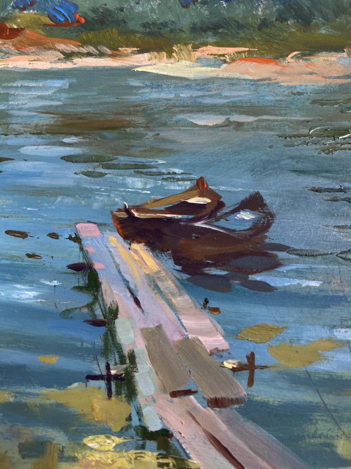 Oil painting of rustic dock with rowboat by river by Yuriy Suprunchuk