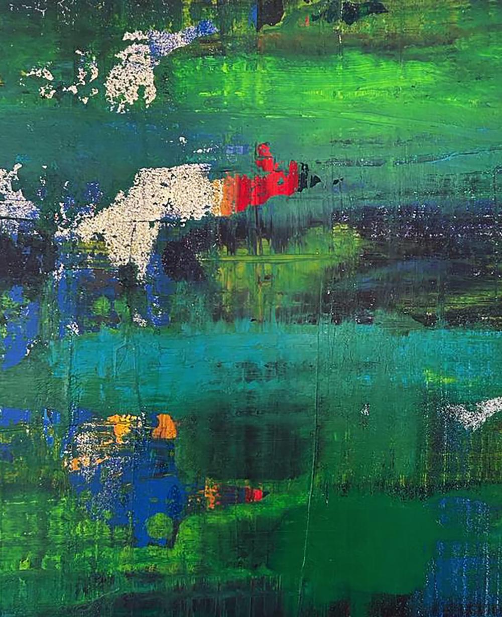 Abstract green blue white forest painting by Olga Melezhik