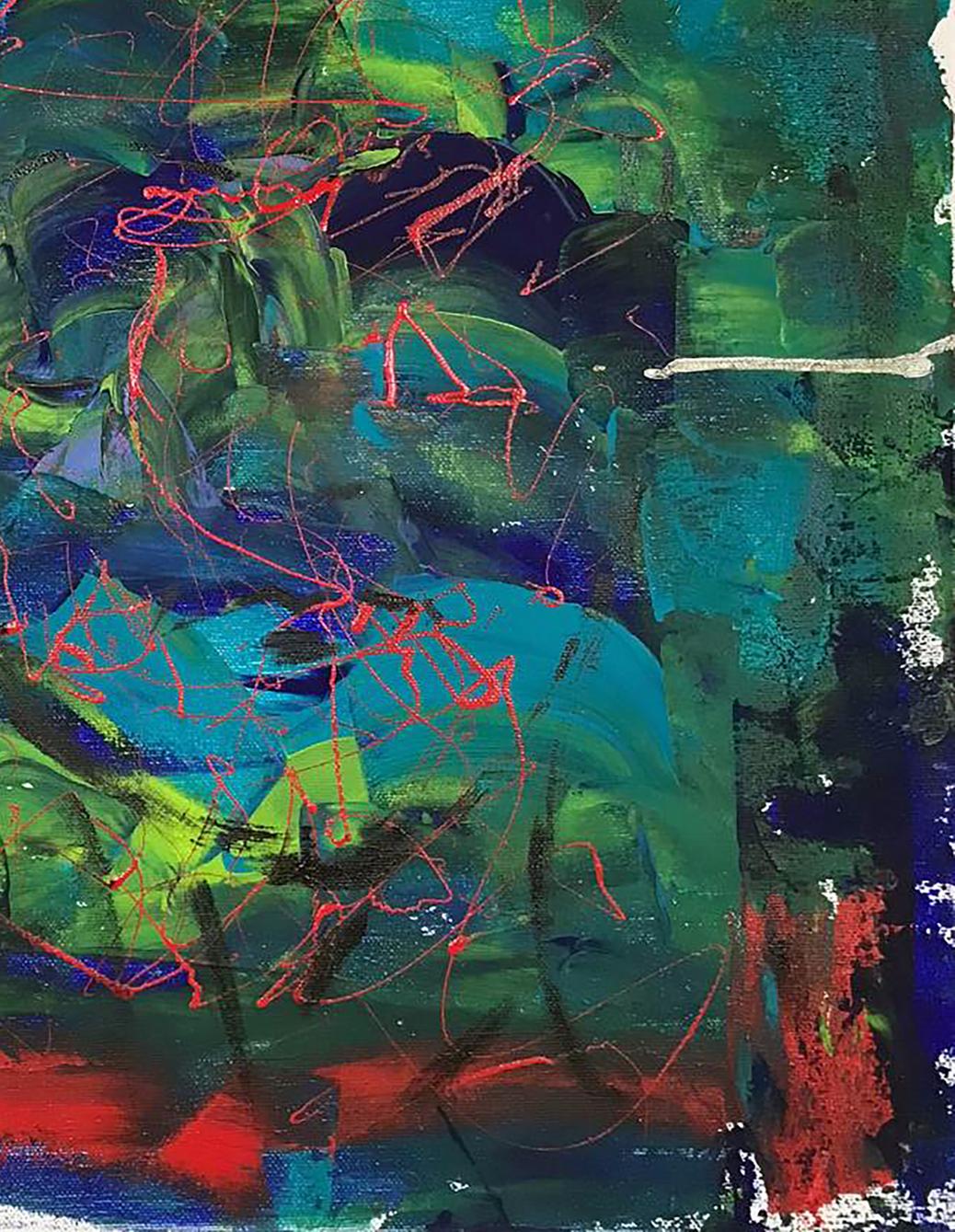 Acrylic painting Face Olga Melezhik with bold green blue red black strokes pink lines