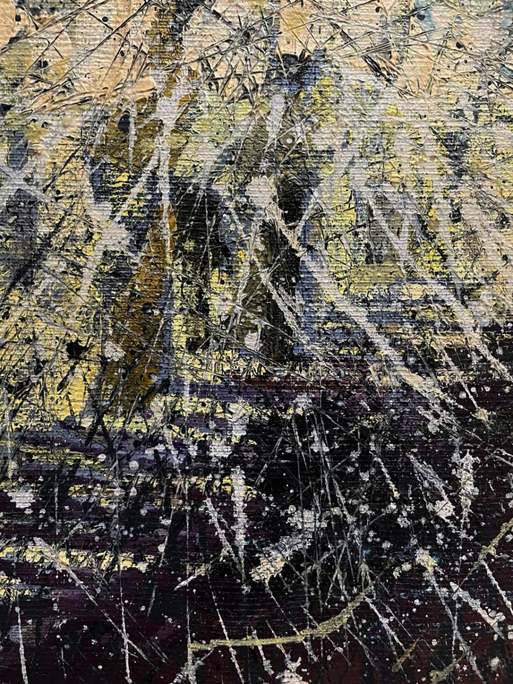 Oil painting Spatial gamet by Serhiy Kovalev: abstract black, white, yellow splatters on beige