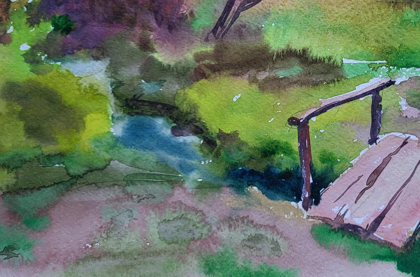 Watercolor painting of rustic wooden bridge over stream by Boris Serdyuk