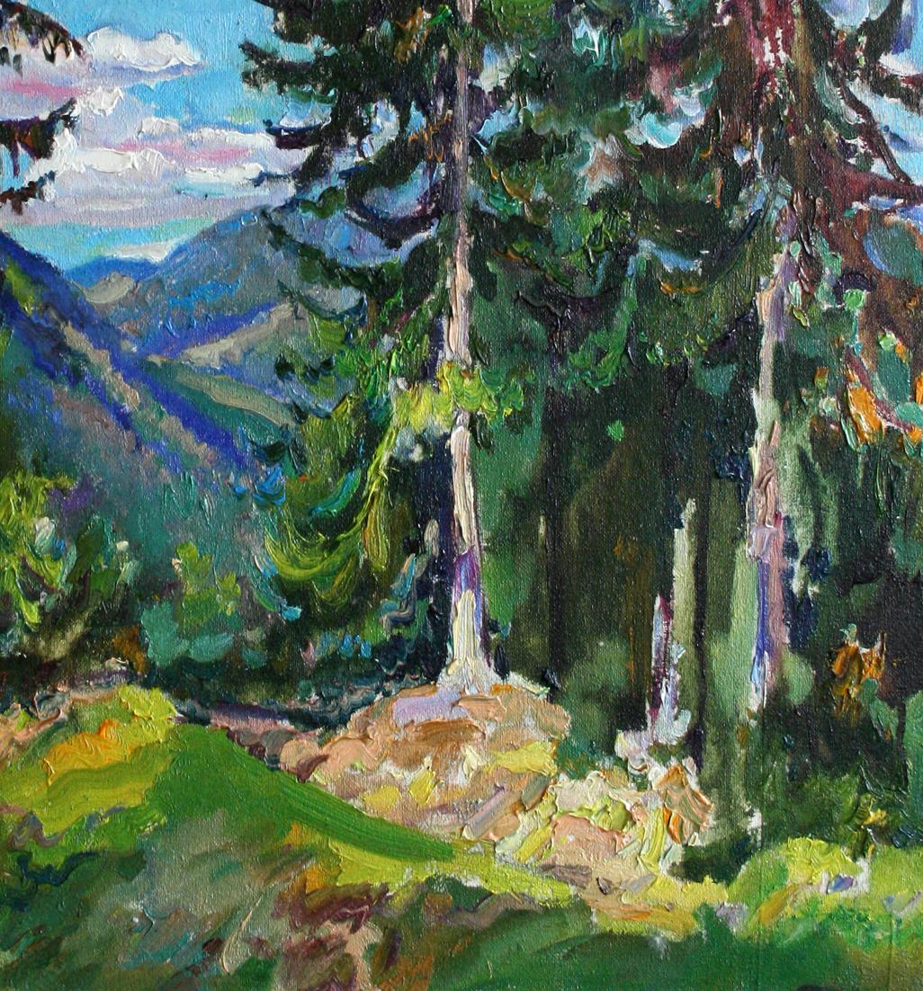Vibrant impressionist oil painting of evergreen trees on sunny day by Leonid Pavlenko