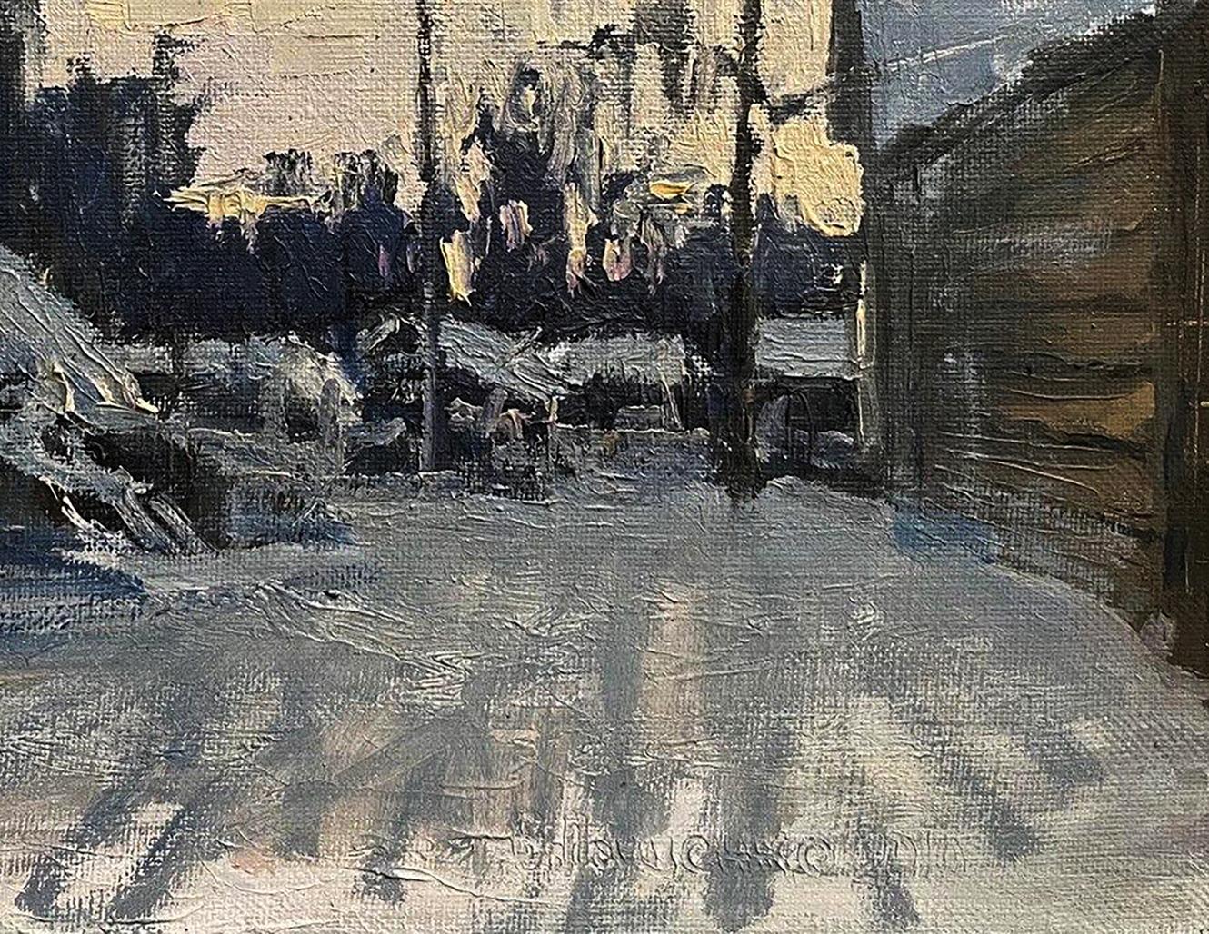 Oil painting Gentle Snow by Volodymyr Pashchenko, dimly lit alleyway