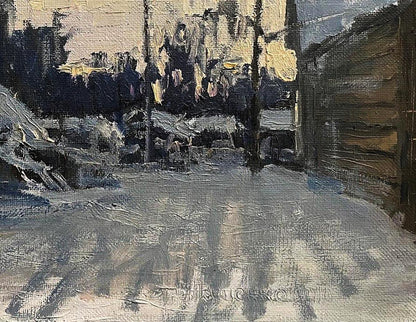 Oil painting Gentle Snow by Volodymyr Pashchenko, dimly lit alleyway