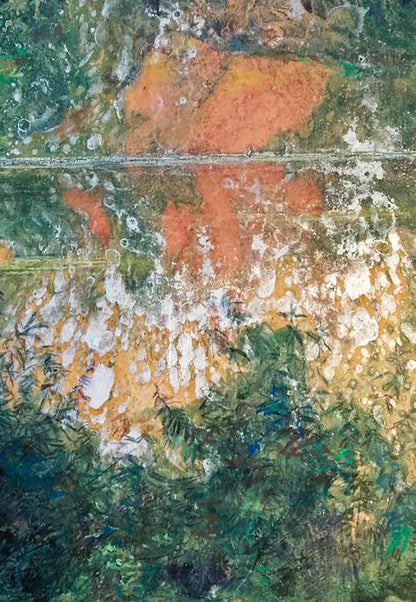 Oil painting Drops of the River by Vitaly Duhnevich abstract green orange textured layers