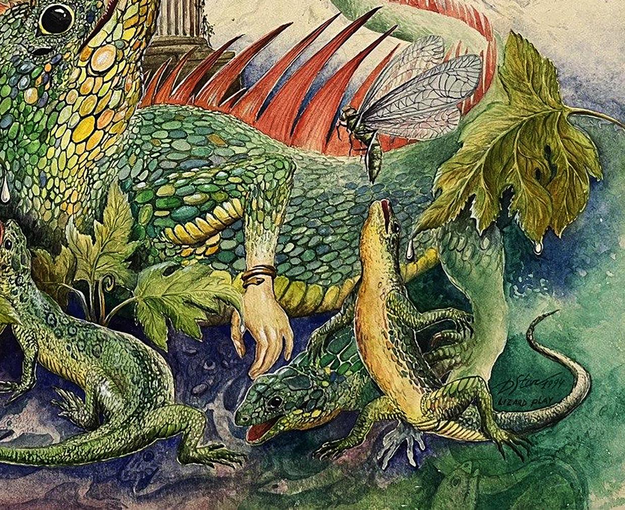 Vibrant watercolor lizard painting by Dmytro Startsev with spiky crest and human hand