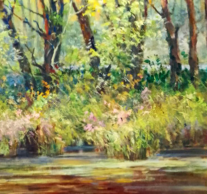 Vibrant impressionist oil painting of sunlit forest stream by Vitaly Duhnevich