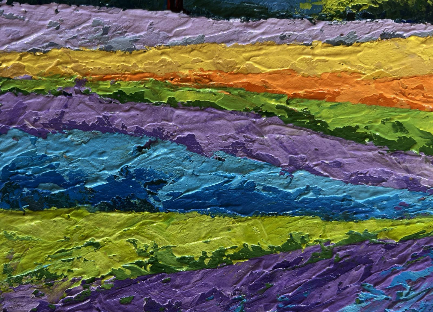V. Zadorozhnya oil painting of flower fields and forest with vibrant impasto stripes