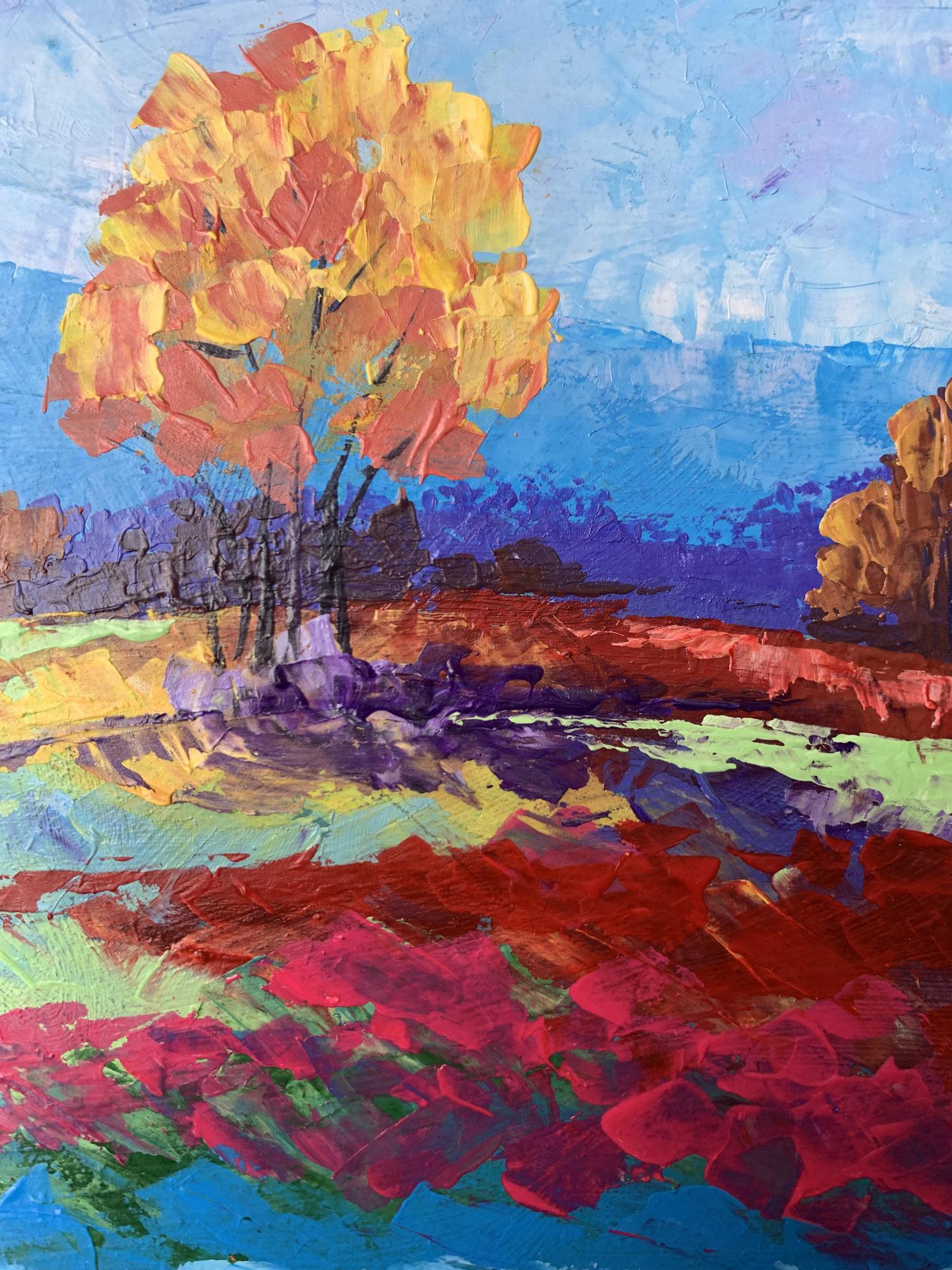 Vibrant impressionist oil painting of autumn lonely tree by V. Zadorozhnya