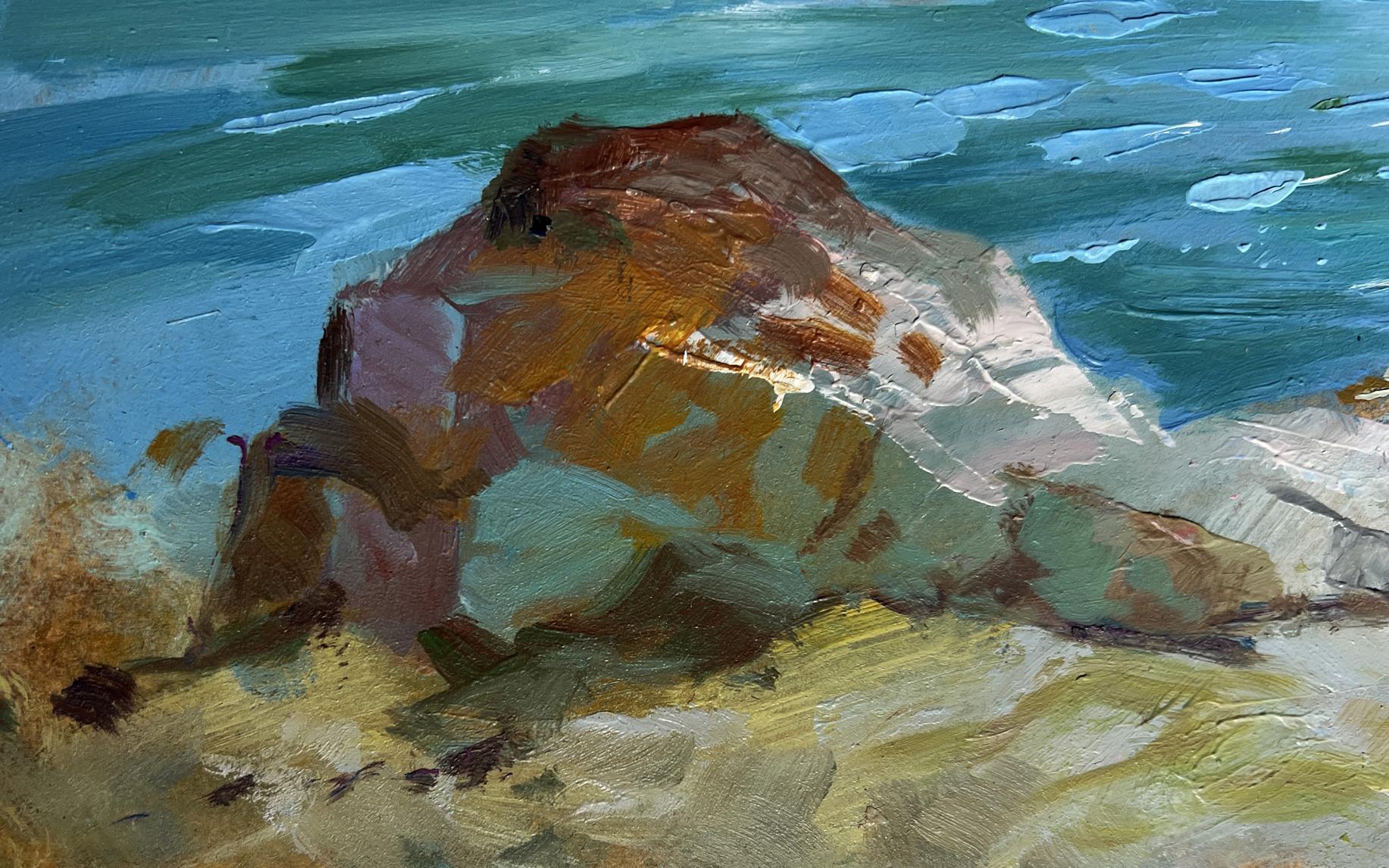 Oil painting of seagulls, rocky shore with orange-brown rock by sea by Yuriy Suprunchuk