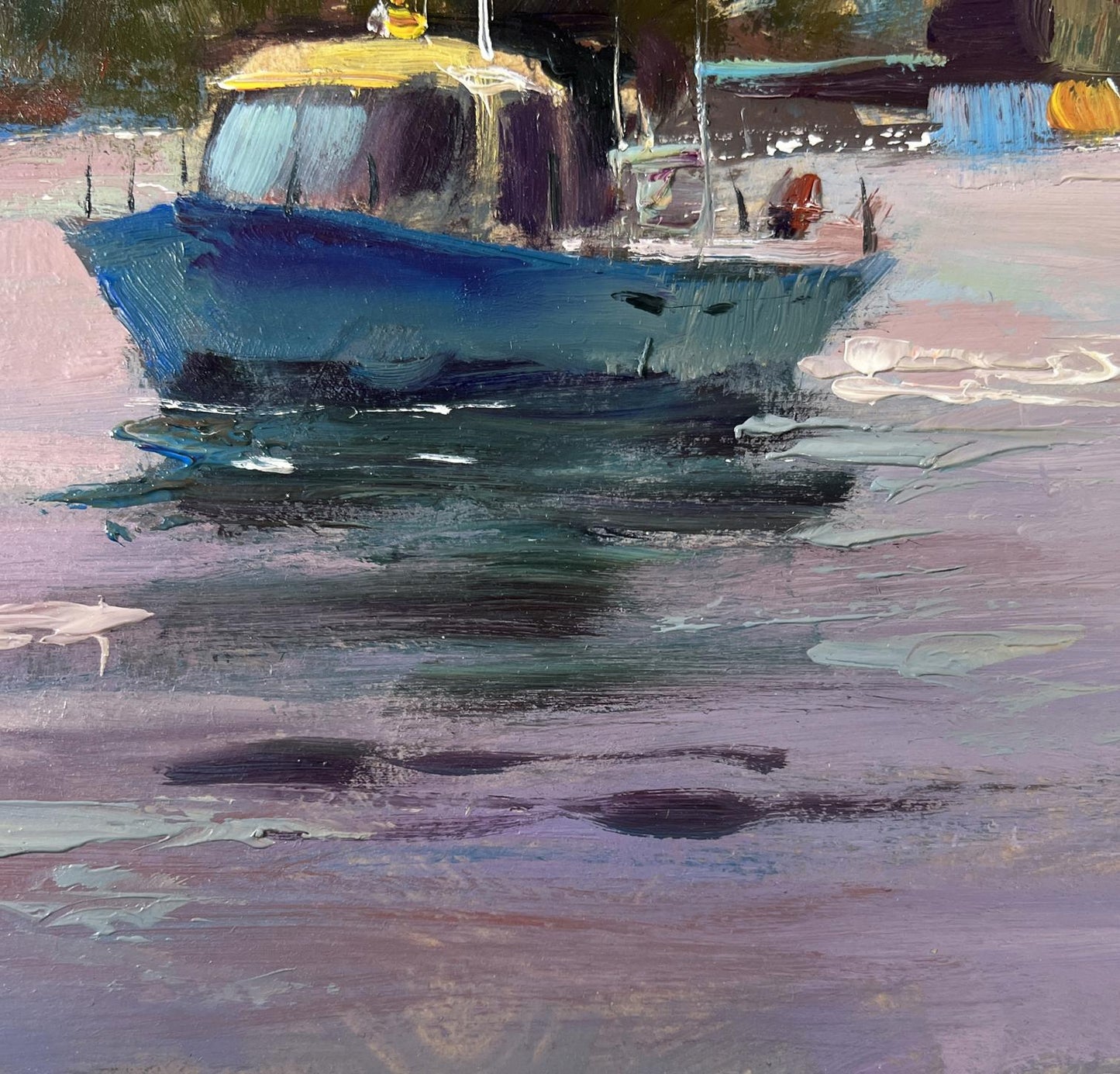 Oil painting of blue fishing boat with yellow roof by Yuriy Suprunchuk