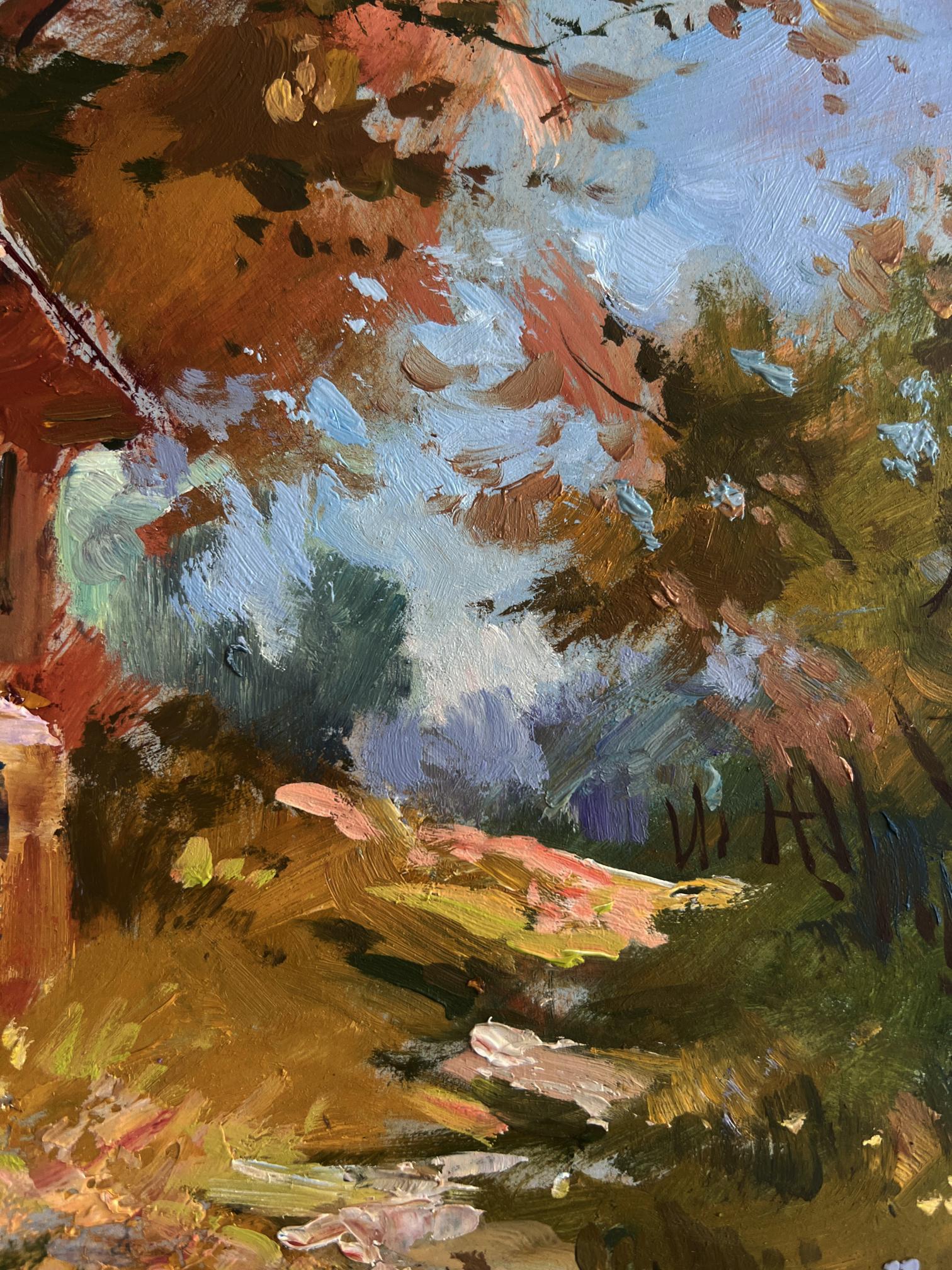 Vibrant impressionist oil painting Autumn golden path by Yuriy Suprunchuk