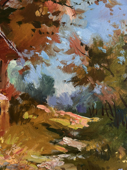 Vibrant impressionist oil painting Autumn golden path by Yuriy Suprunchuk