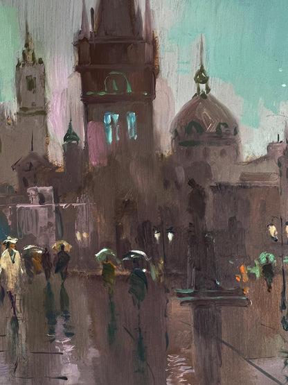 Moody impressionistic oil painting of Yuriy Suprunyuks rainy city central square
