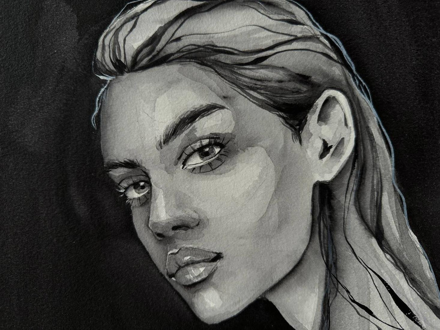 Detailed black-and-white watercolor sketch of Victoria Kagalovska expressive face