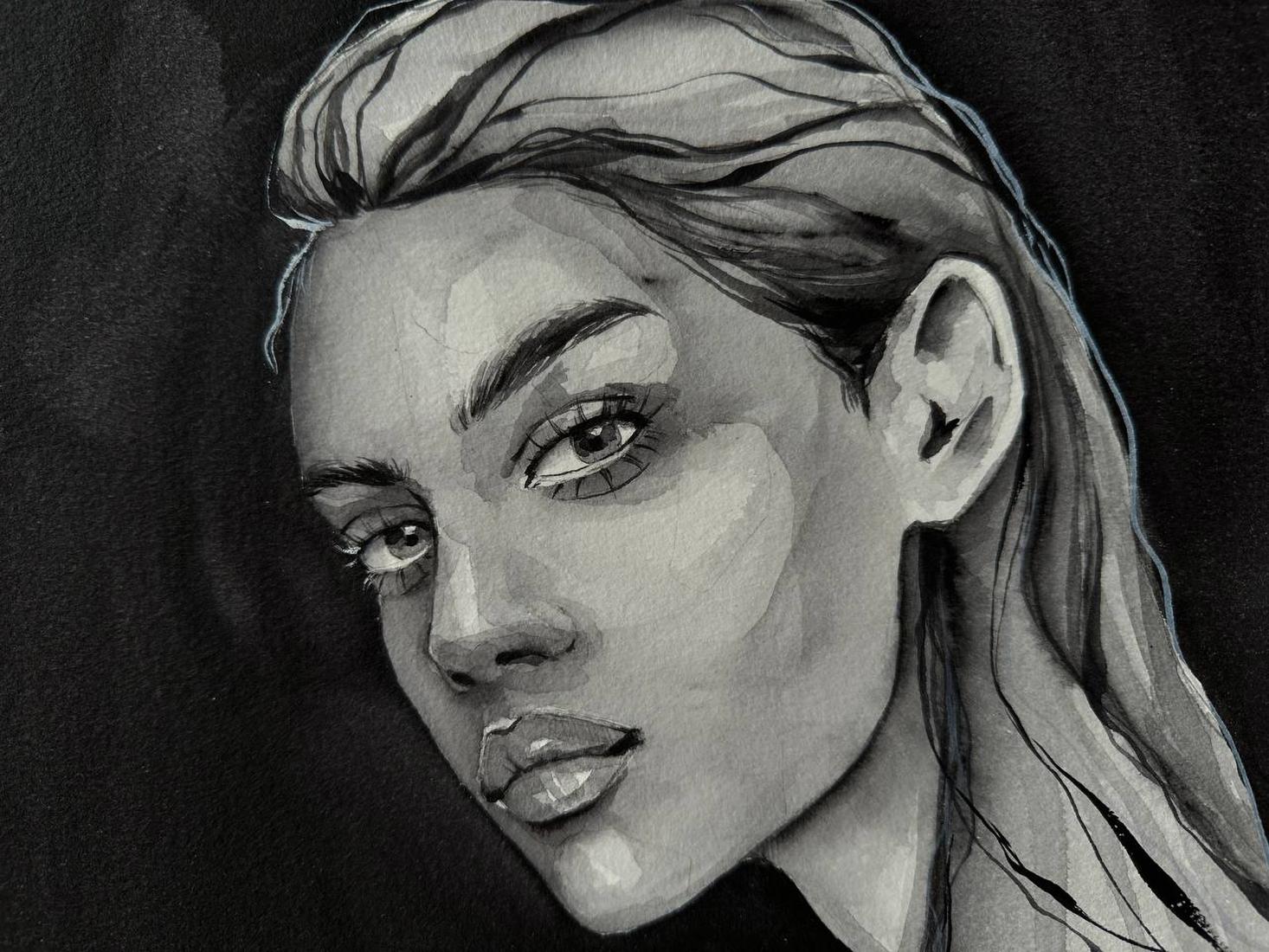 Detailed black-and-white watercolor sketch of Victoria Kagalovska expressive face