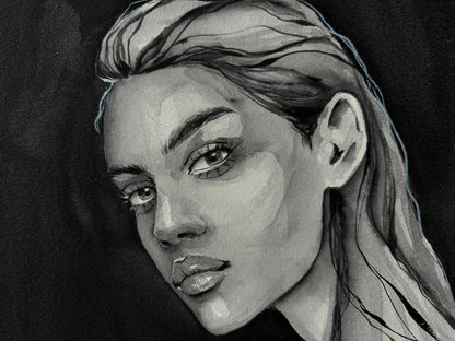 Detailed black-and-white watercolor sketch of Victoria Kagalovska expressive face