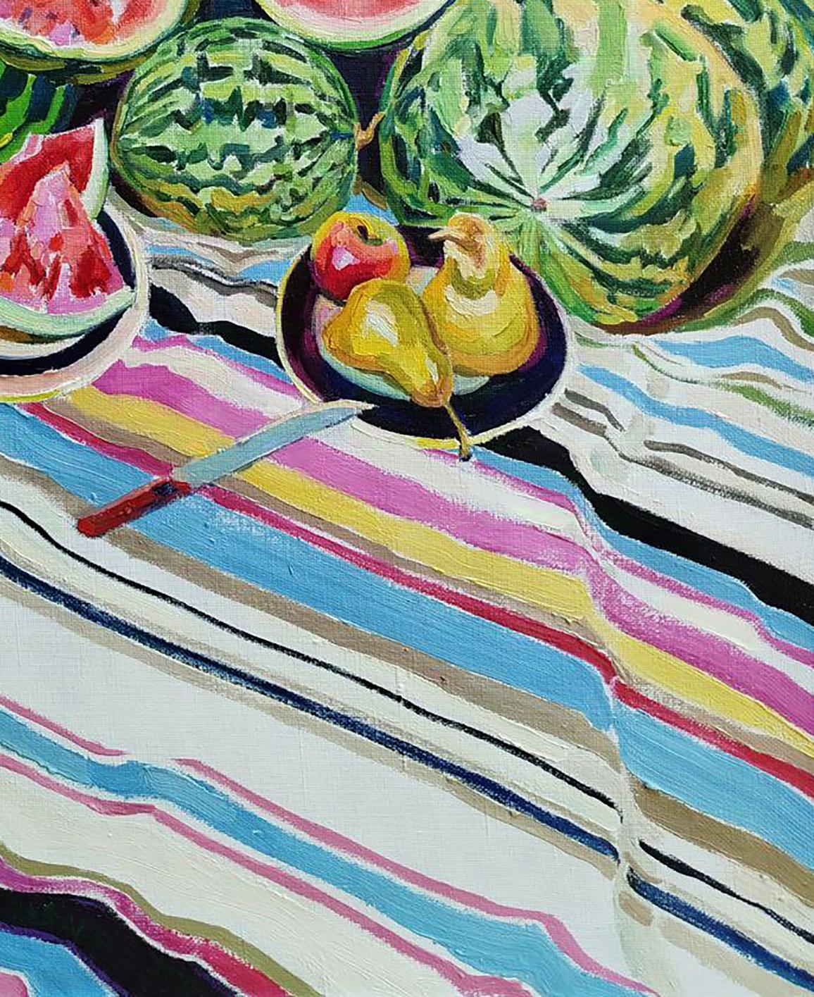 Oil painting Watermelons with pears by Leonid Pavlenko vibrant striped cloth