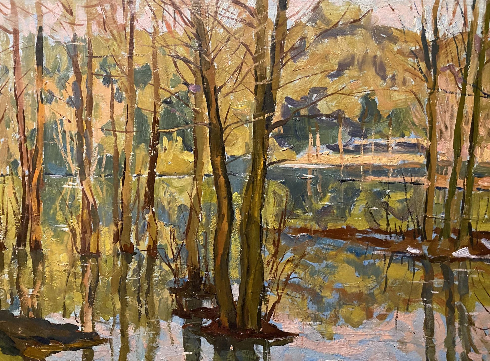 Oil painting Spring flood by Boris Talko: autumn landscape reflection