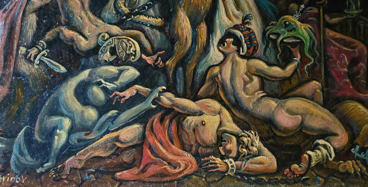 Oil painting Eclipse by Daniil Litvinov: muscular figures in dramatic poses