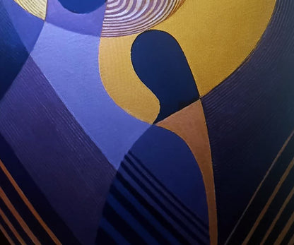 Oil painting of mother and child by Alexander Strashevich, abstract geometric blues and golds