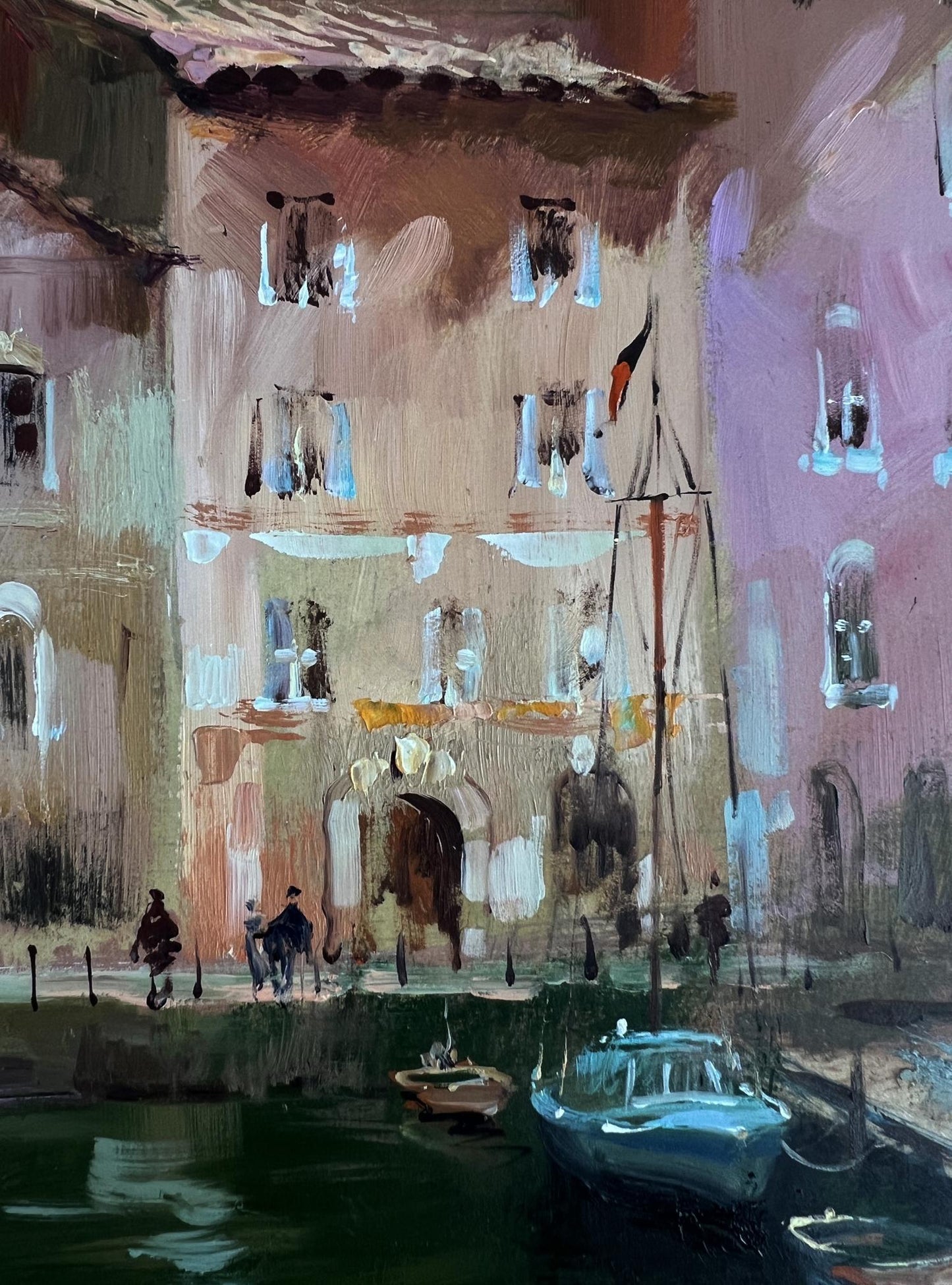 Impressionistic oil painting by Yuriy Suprunchuk of canal-side city street building