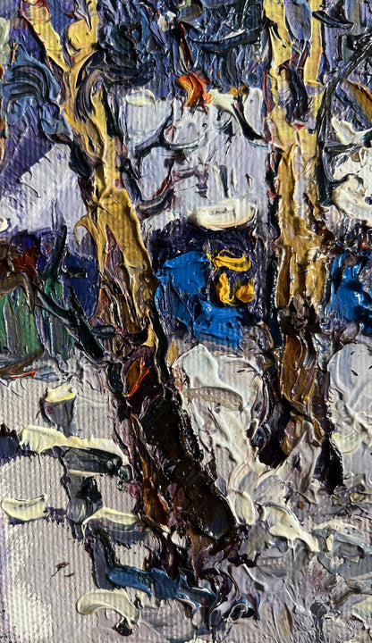 Oil painting The winter night came quickly by Oksana Ivanyuk in blue gold white