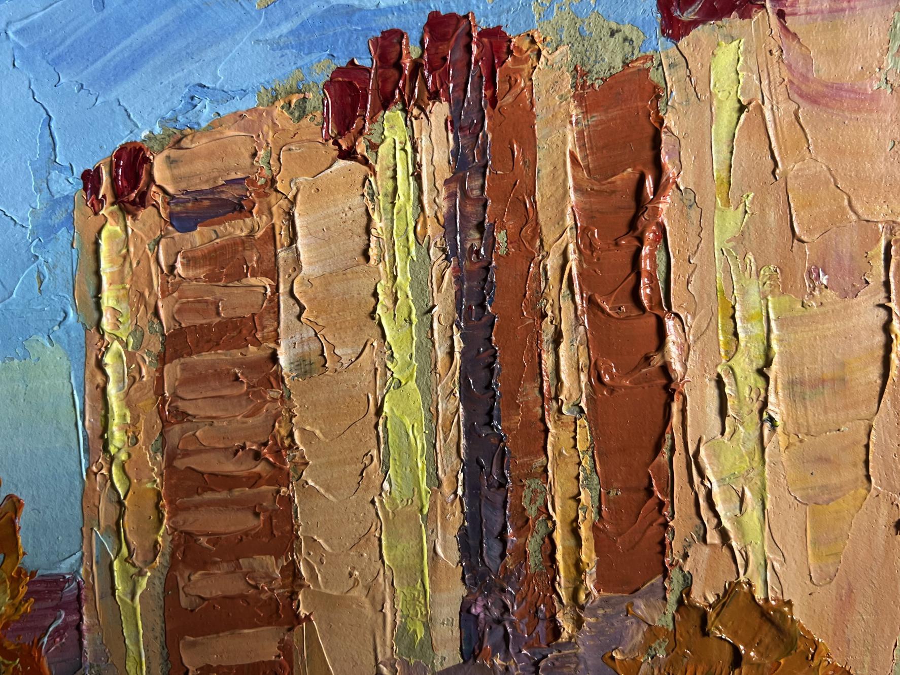 Oil painting Early morning in the city by Boris Serdyuk, textured canyon wall