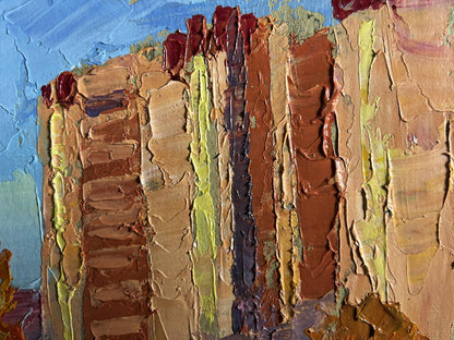 Oil painting Early morning in the city by Boris Serdyuk, textured canyon wall