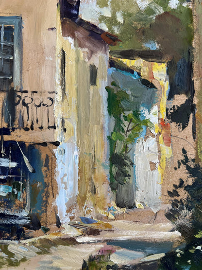 Oil painting of sunlit city summer courtyard by Yuriy Suprunchuk