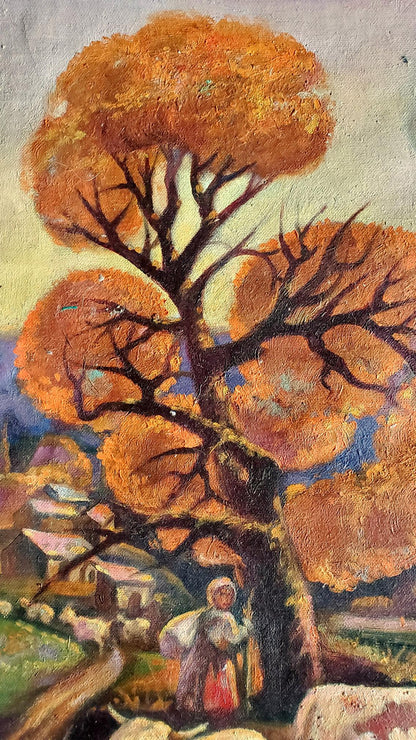 Oil painting Autumn Flock by Daniil Litvinov: orange tree and figure
