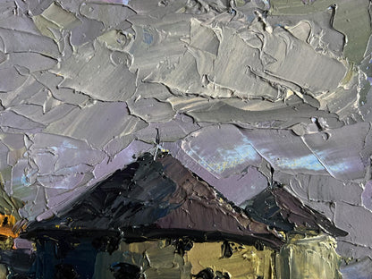 Impressionistic oil painting of Boris Serdyuk fortress under swirling gray sky