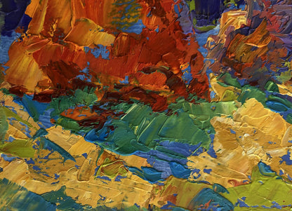 Vibrant impasto oil painting of haystacks in field by Oleksiy Ivanyuk