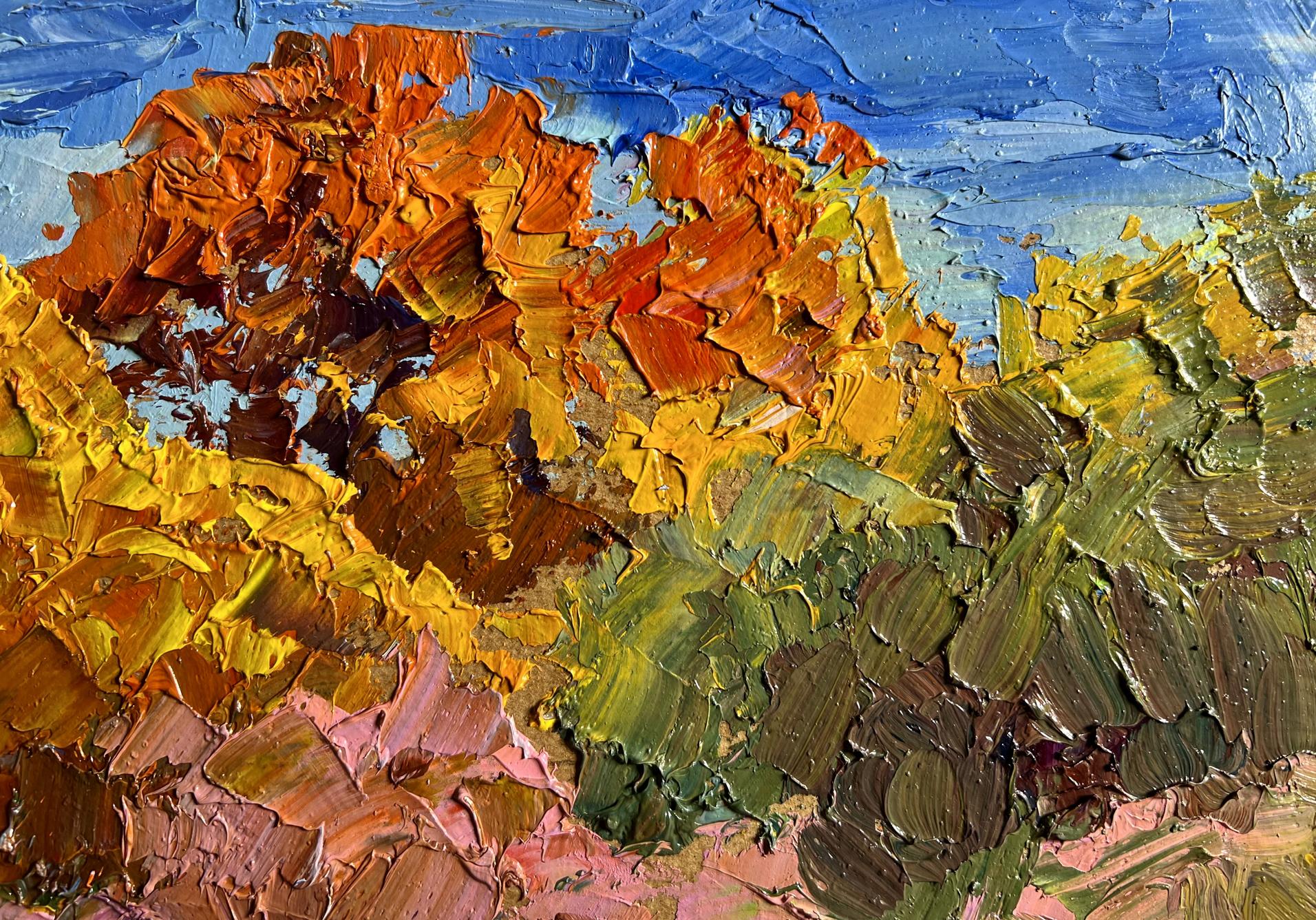 Oil painting Golden autumn by Boris Serdyuk with vibrant orange, yellow, green, blue strokes