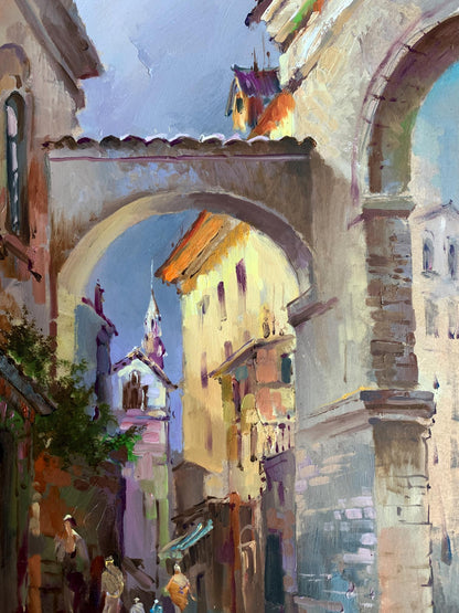 Vibrant oil painting by Yuriy Suprunchuk of sunlit European city alley