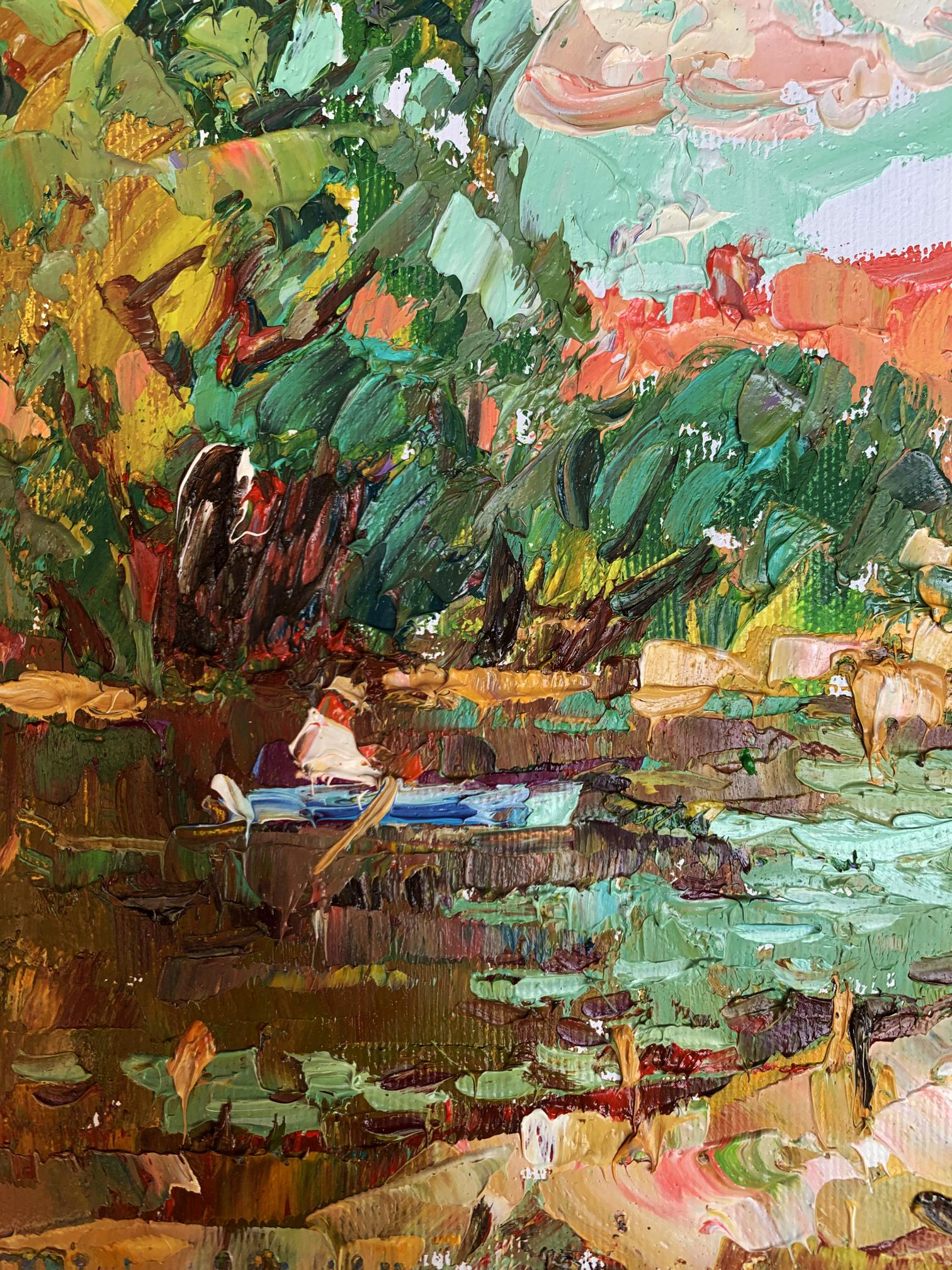 Vibrant impressionist oil painting On a blue boat by Oleksiy Ivanyuk