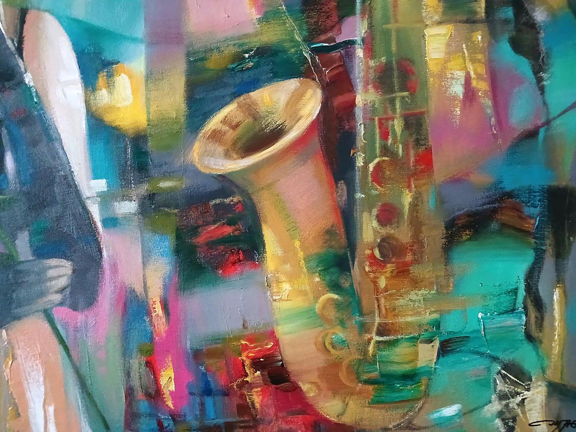Golden saxophone in Evening Blues abstract oil painting by Anatoly Tarabanov
