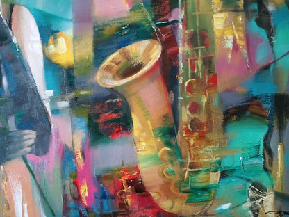 Golden saxophone in Evening Blues abstract oil painting by Anatoly Tarabanov
