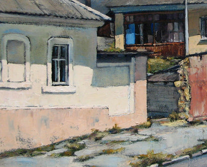 Oil painting of weathered pastel building by Oksana Osnach