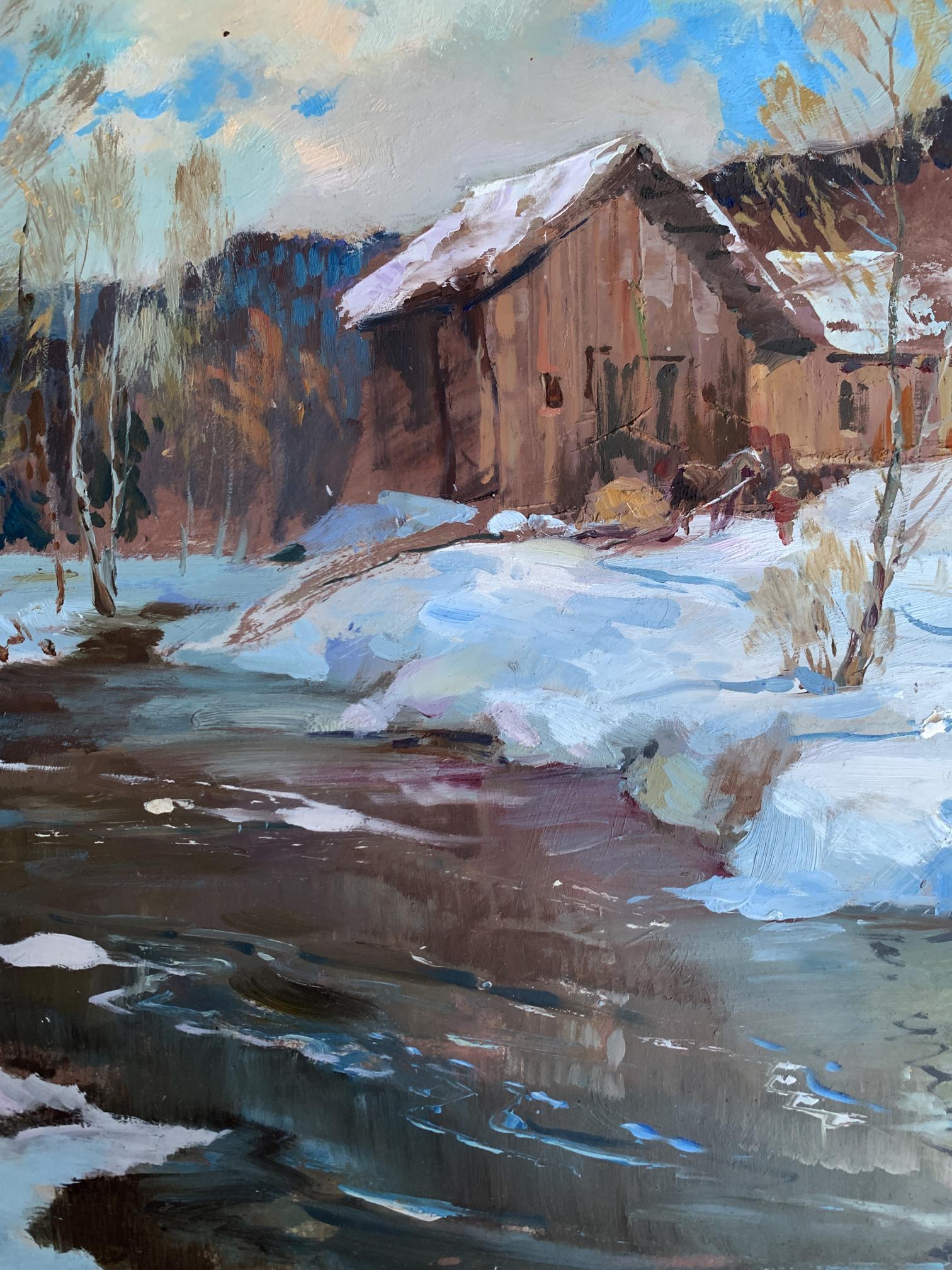 Oil painting of rustic cabin by river after snowstorm by Yuriy Suprunchuk