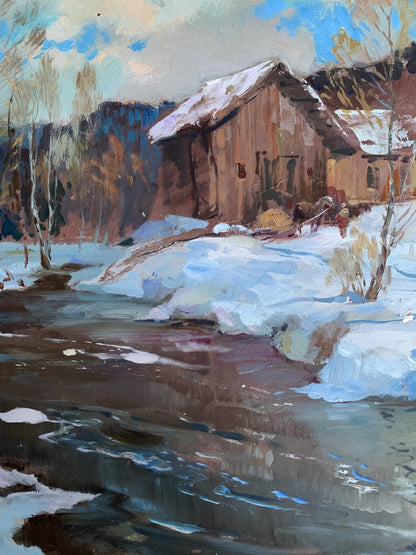 Oil painting of rustic cabin by river after snowstorm by Yuriy Suprunchuk