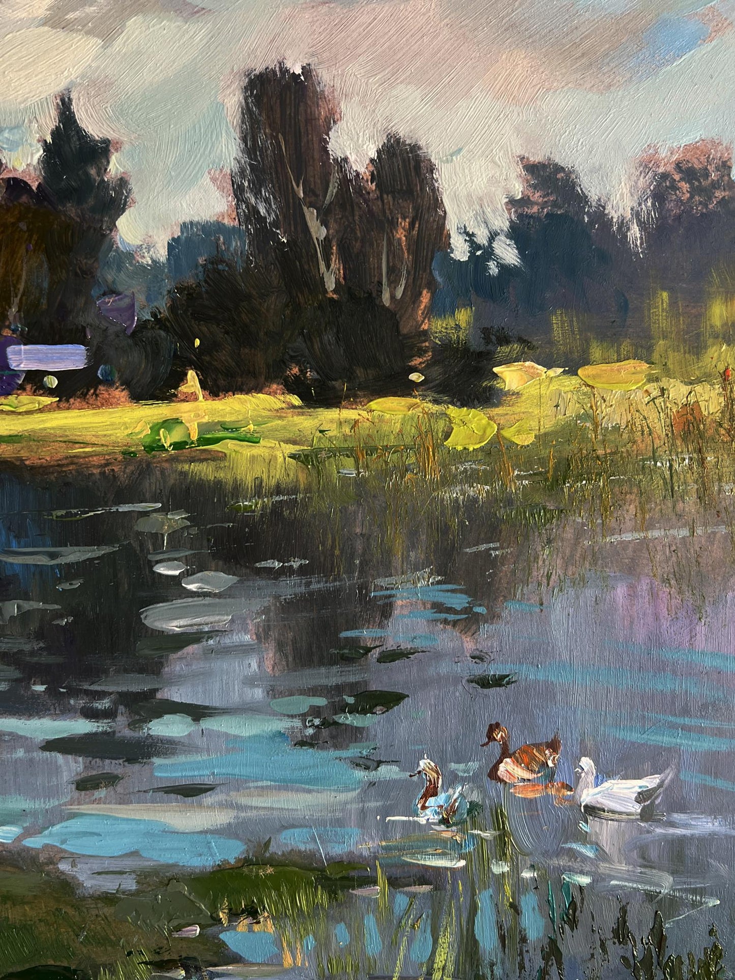 Serene oil painting of rural grey river with ducks lily pads by Yuriy Suprunchuk