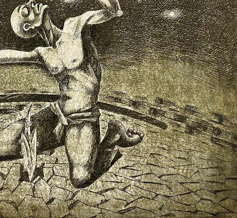 Detailed black-and-white etching of muscular nude figure in agony by Oleksandr Zhmailo