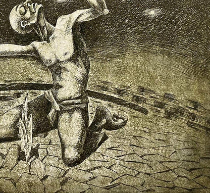 Detailed black-and-white etching of muscular nude figure in agony by Oleksandr Zhmailo