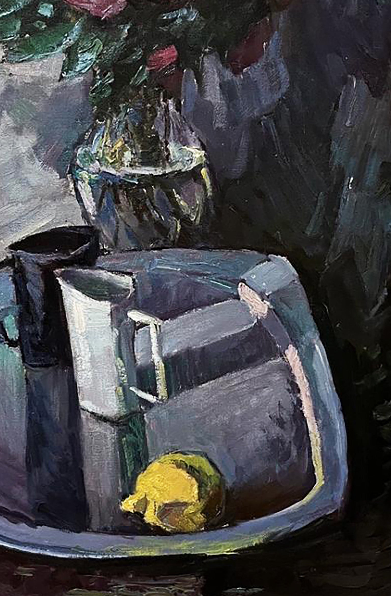 Oil painting of dark pitcher, yellow lemon on tray by Oleksandr Andreev