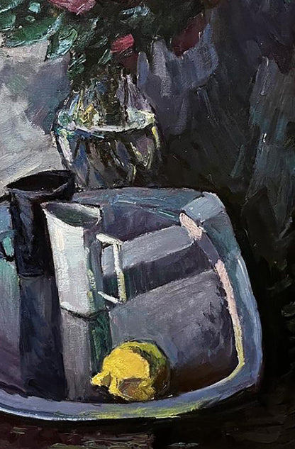 Oil painting of dark pitcher, yellow lemon on tray by Oleksandr Andreev